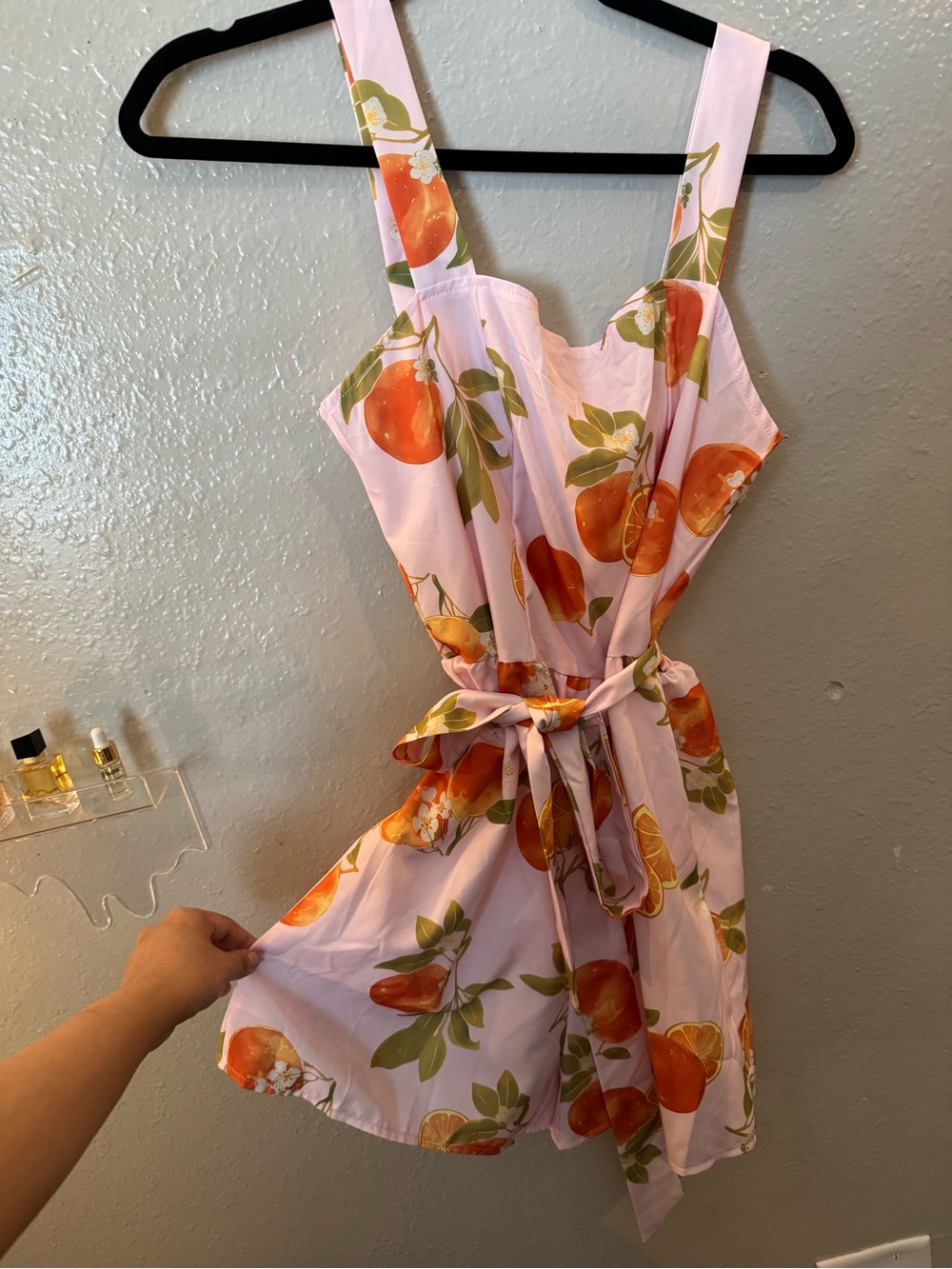 Printed Pink Orange Romper with Tie Waist